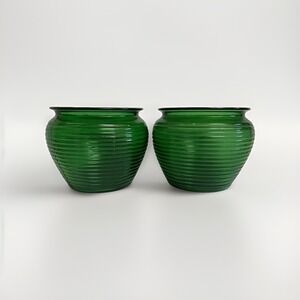 Vintage Pair National Potteries Emerald Green Ribbed Beehive Glass Bowl Planter